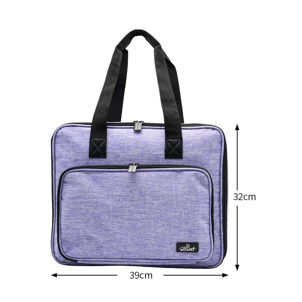 Purple embroidery and cross stitch storage bag with black handles and zippers, showing dimensions 39cm wide and 32cm tall.