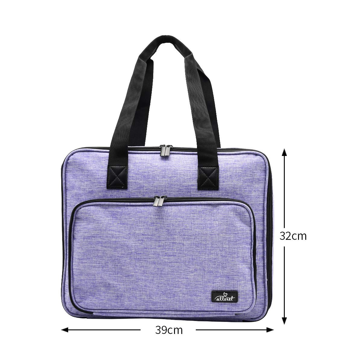Purple embroidery and cross stitch storage bag with black handles and zippers, showing dimensions 39cm wide and 32cm tall.
