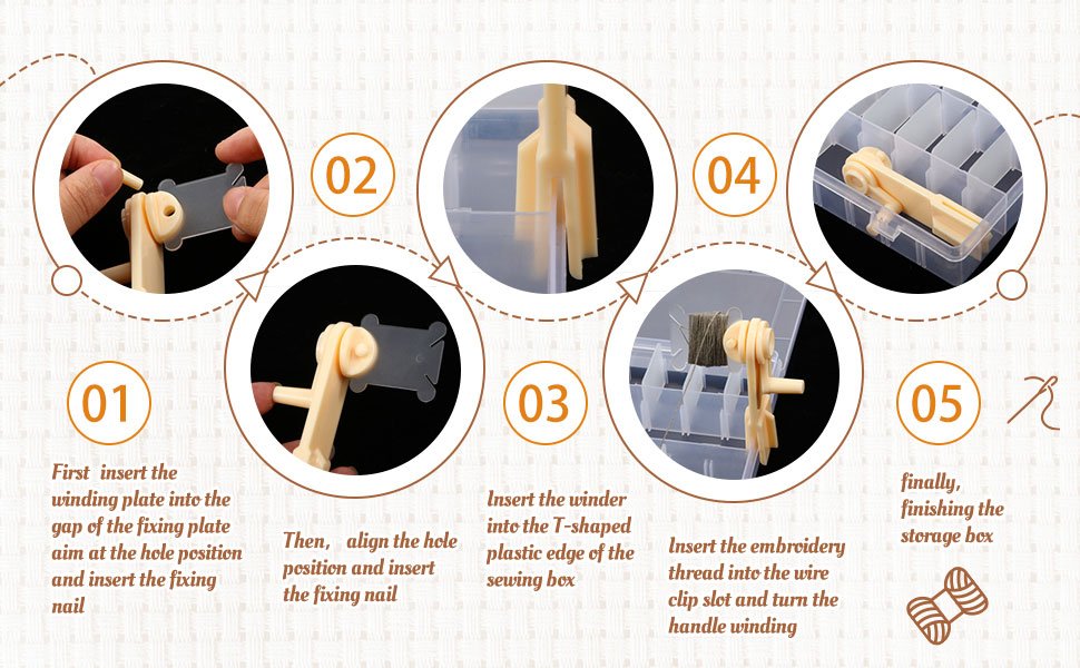 Embroidery floss organizer set assembly instructions with 5 numbered steps showing how to wind thread onto bobbins and store them.