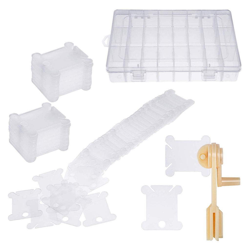 Embroidery floss organizer set including plastic bobbins, a bobbin winder, and a clear storage box with compartments.
