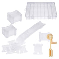 Embroidery floss organizer set including plastic bobbins, a bobbin winder, and a clear storage box with compartments.