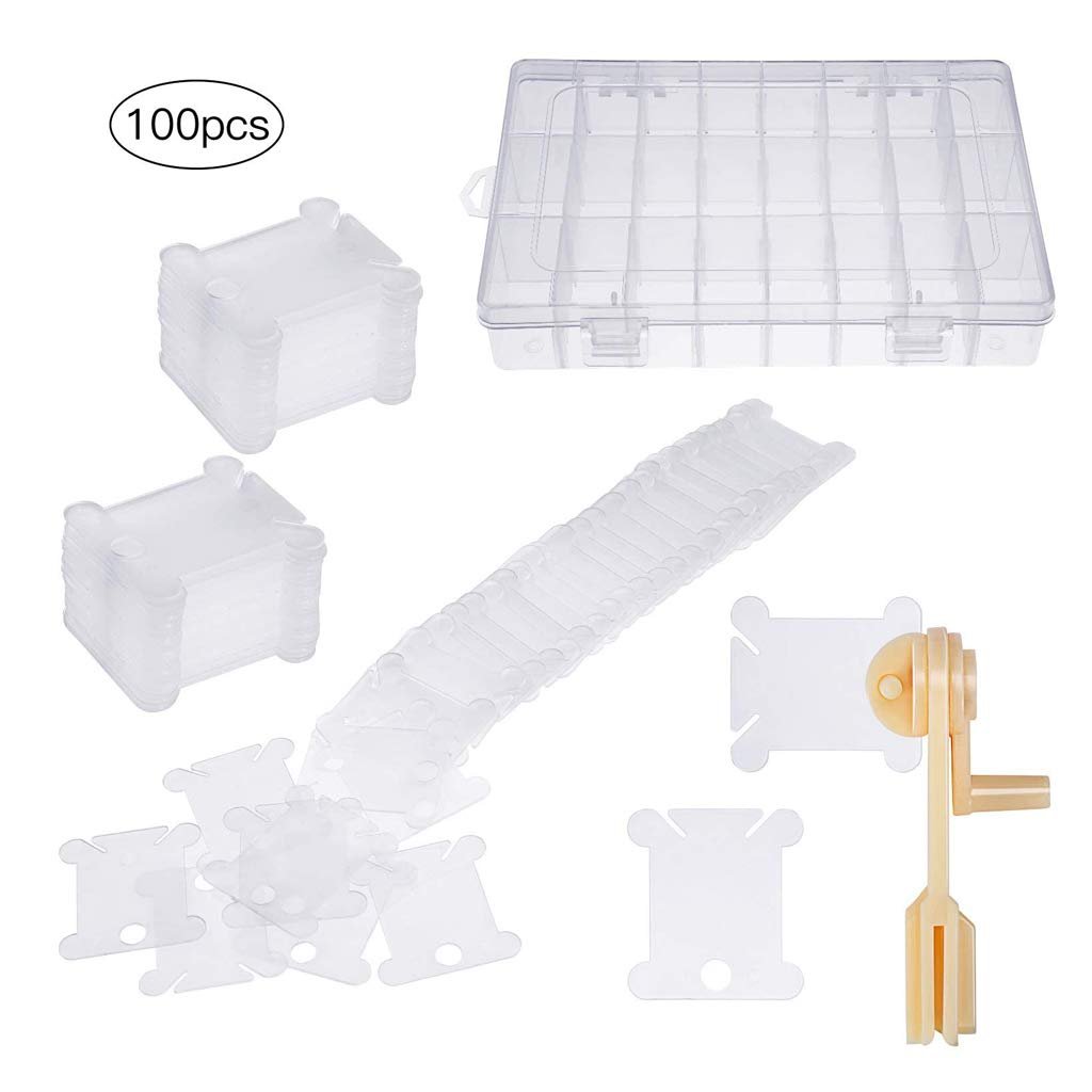 Embroidery floss organizer set with plastic bobbins, bobbin winder, and storage box on white background.
