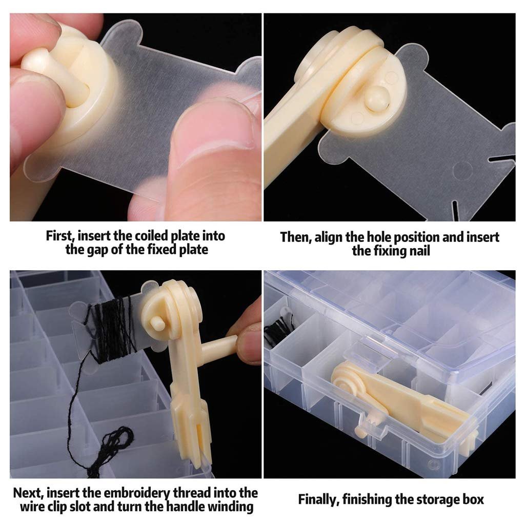 Four-panel image showing how to use an embroidery floss organizer: inserting a plate, aligning a hole, winding thread, and placing in a storage box.