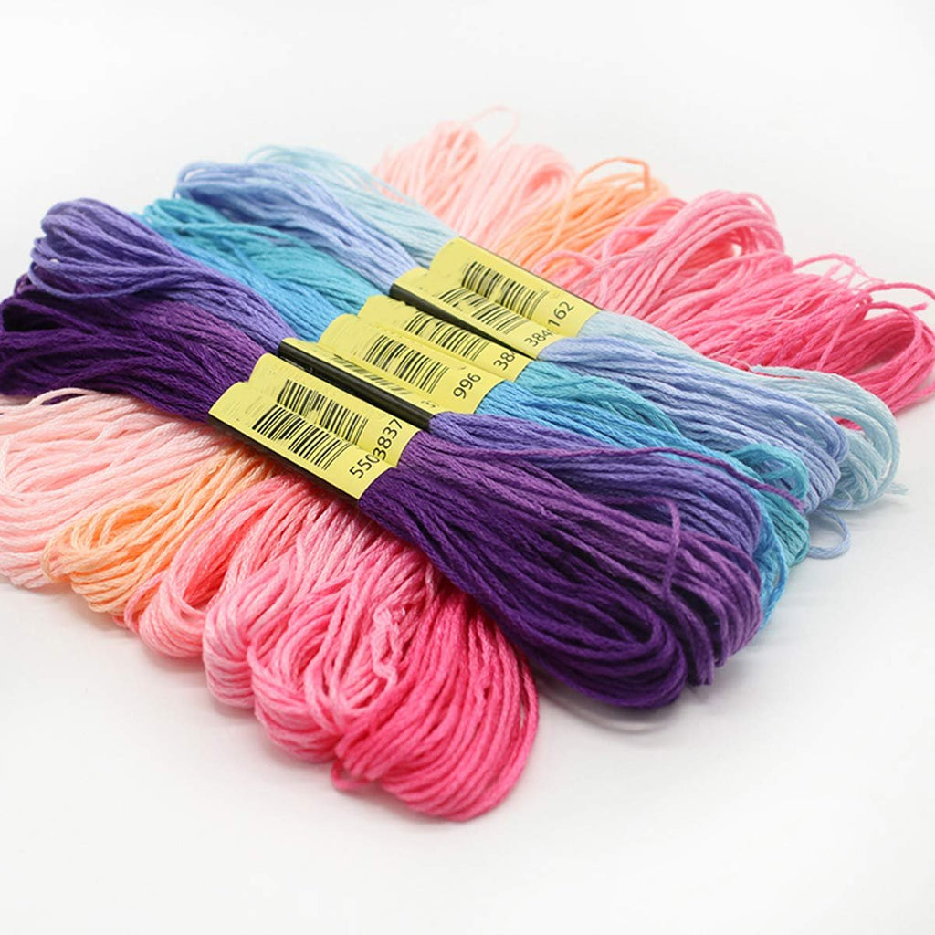 Embroidery floss in rainbow colors fanned out, with yellow tags showing barcodes and numbers.