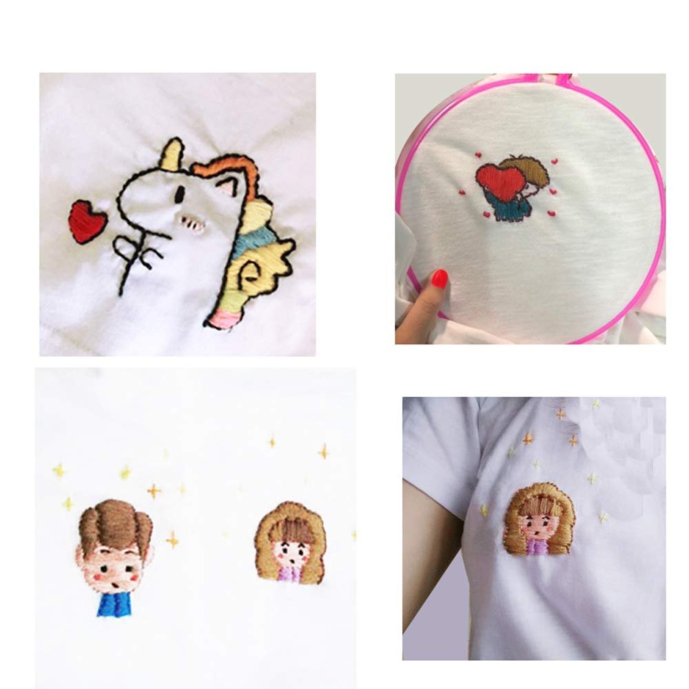 Collage of embroidered designs: unicorn with heart, couple holding heart in hoop, two cartoon faces, girl's face on t-shirt.