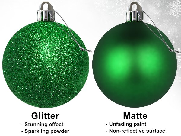Two green Christmas ornaments, one glitter and one matte, displayed side-by-side with descriptive text.
