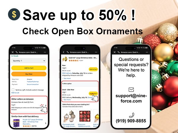 Three smartphone screens showing Amazon listings and contact information, with a box of Christmas ornaments in the background.
