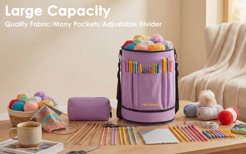 Purple yarn organizer bag filled with colorful yarn skeins and knitting needles, surrounded by knitting supplies on a wooden table.