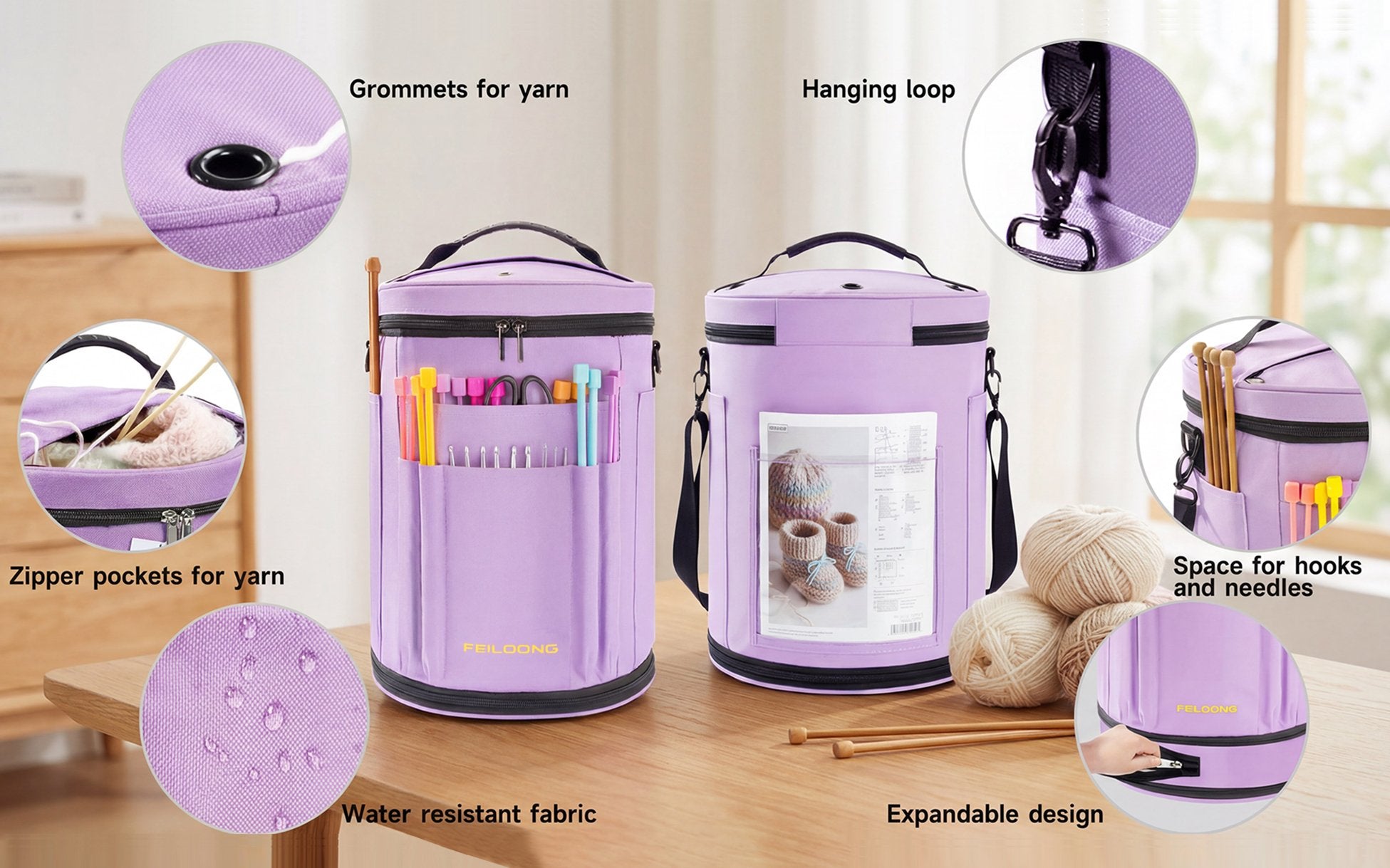 Purple expandable yarn organizer bag with multiple pockets and compartments, shown on a wooden table with yarn skeins and knitting needles.
