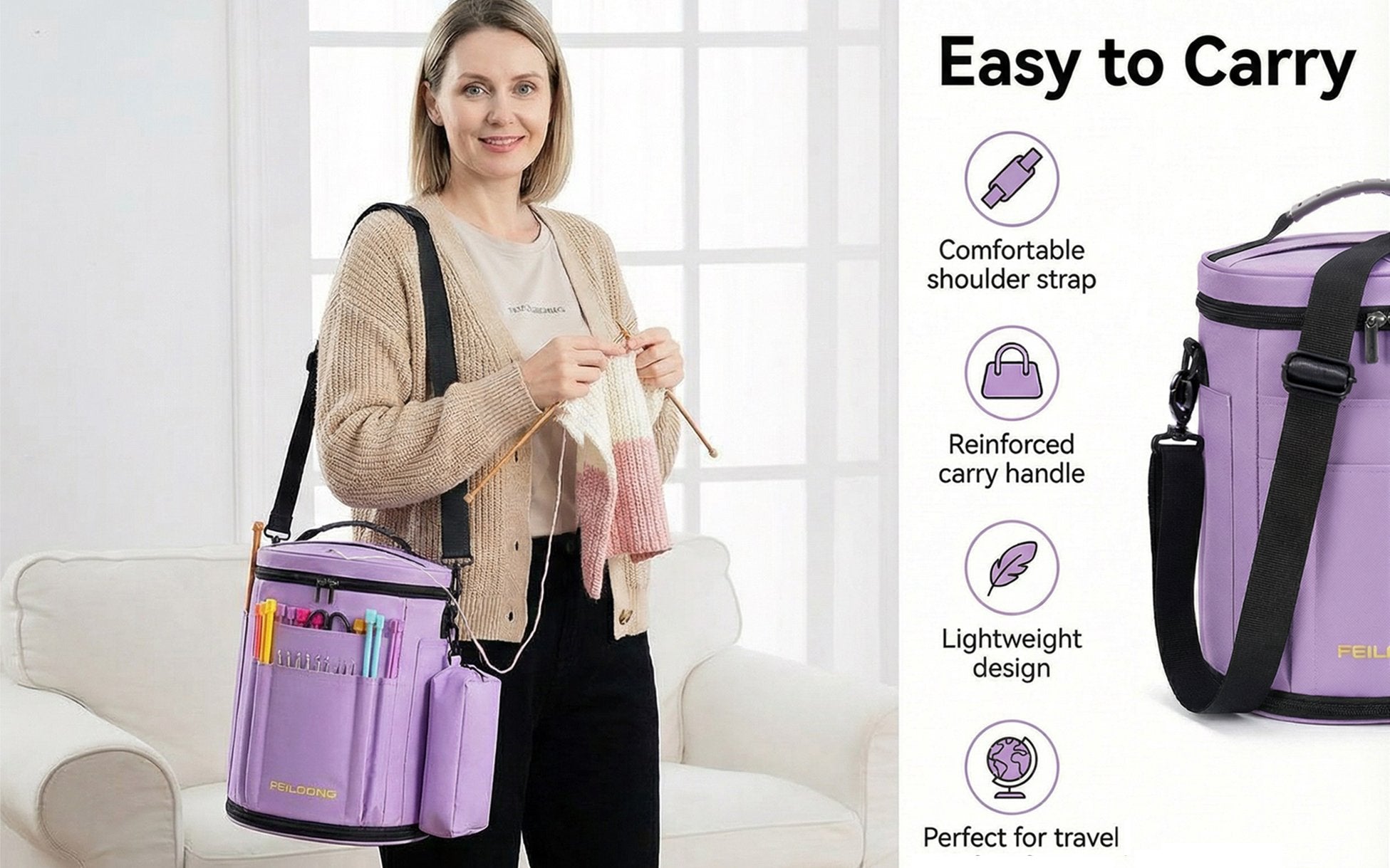 Woman holding a purple yarn bag organizer and knitting, with feature callouts on the right.