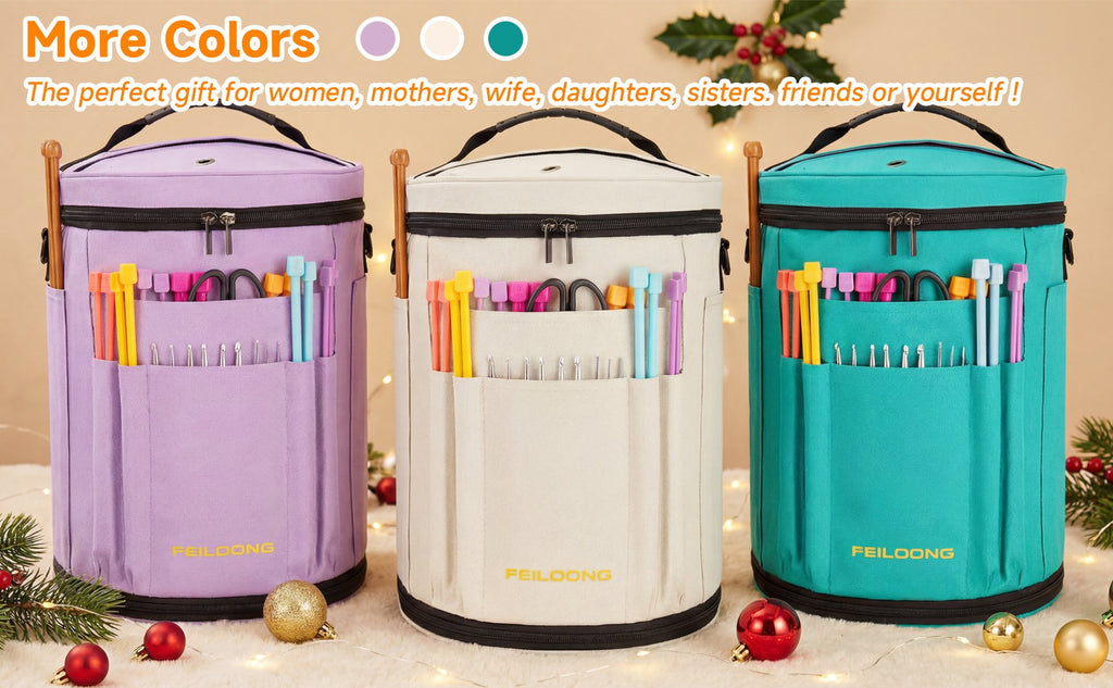 Three yarn organizer bags in purple, cream, and teal, with knitting needles and crochet hooks in front pockets.