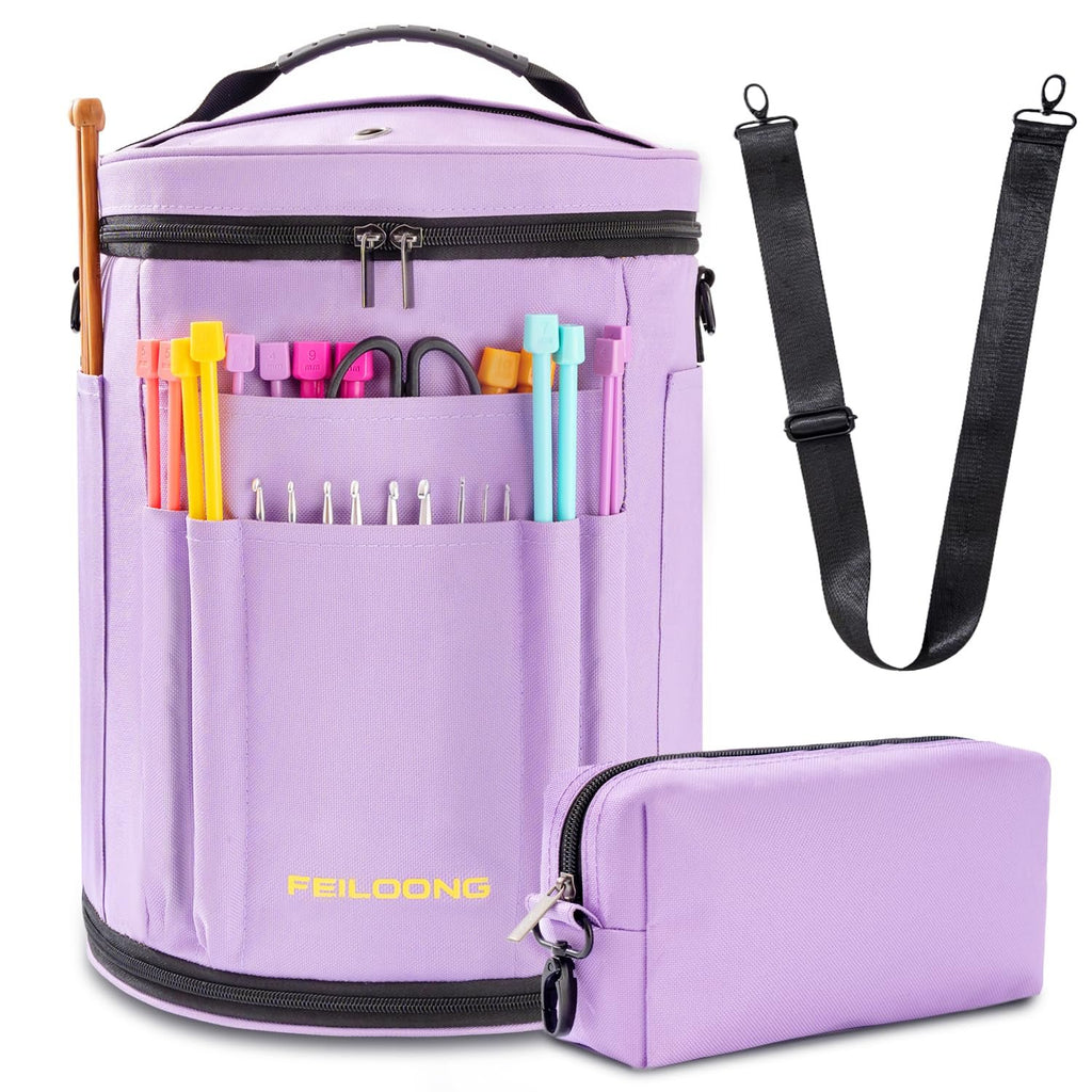 Purple yarn bag organizer with knitting needles, crochet hooks, and scissors in pockets, shown with accessory case and shoulder strap.