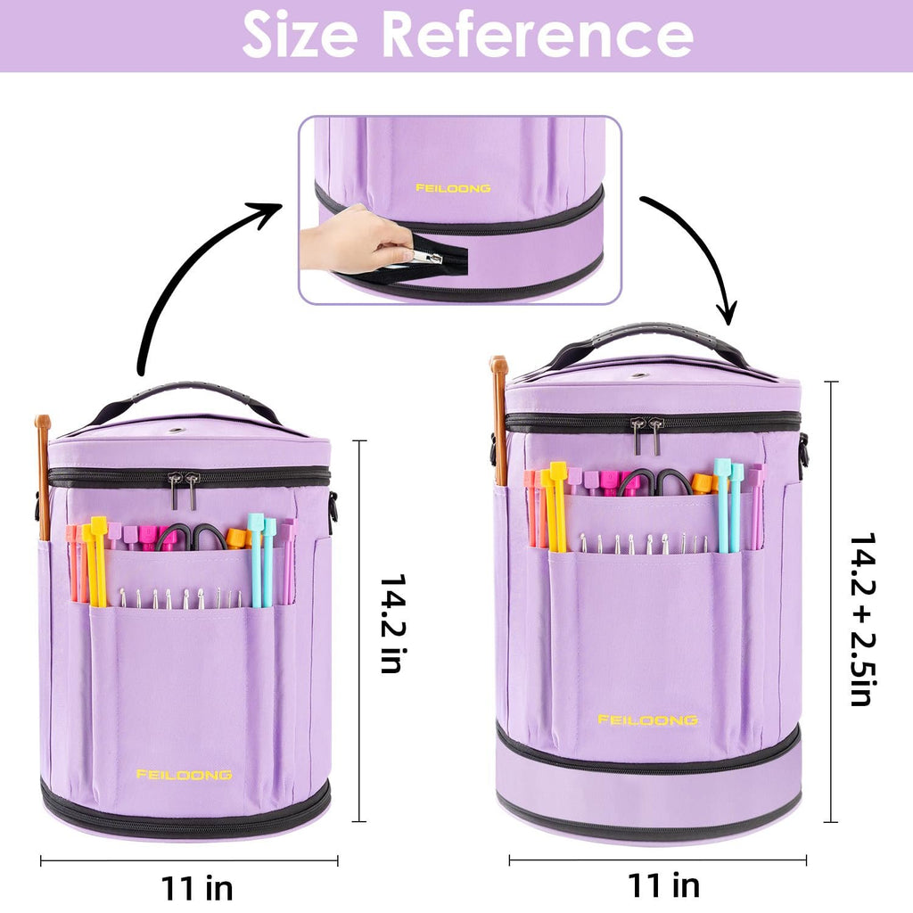 Purple yarn bag organizer shown with knitting needles and crochet hooks in pockets, with size dimensions indicated.