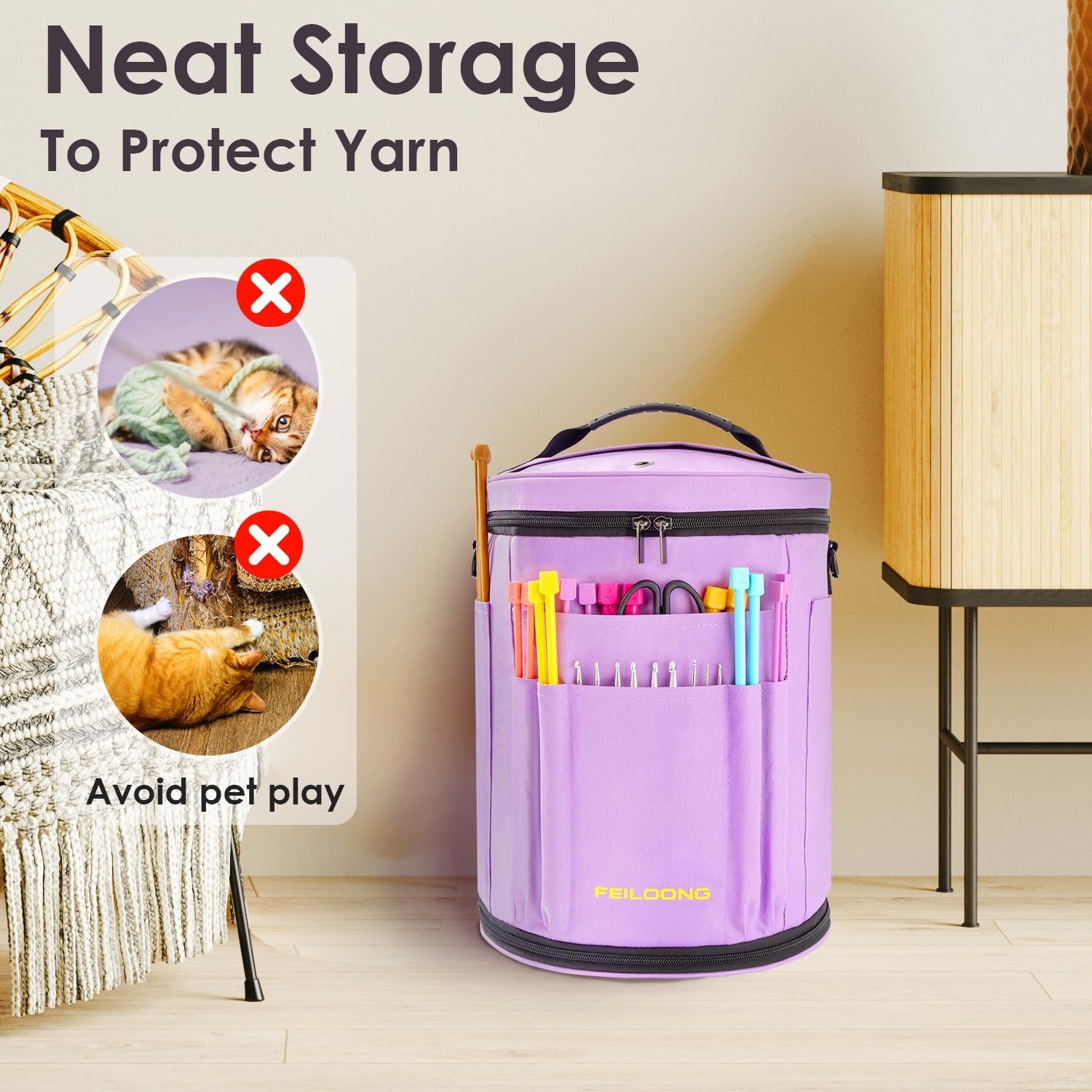 Purple yarn organizer bag with multiple pockets holding knitting needles and crochet hooks, shown in a room setting.