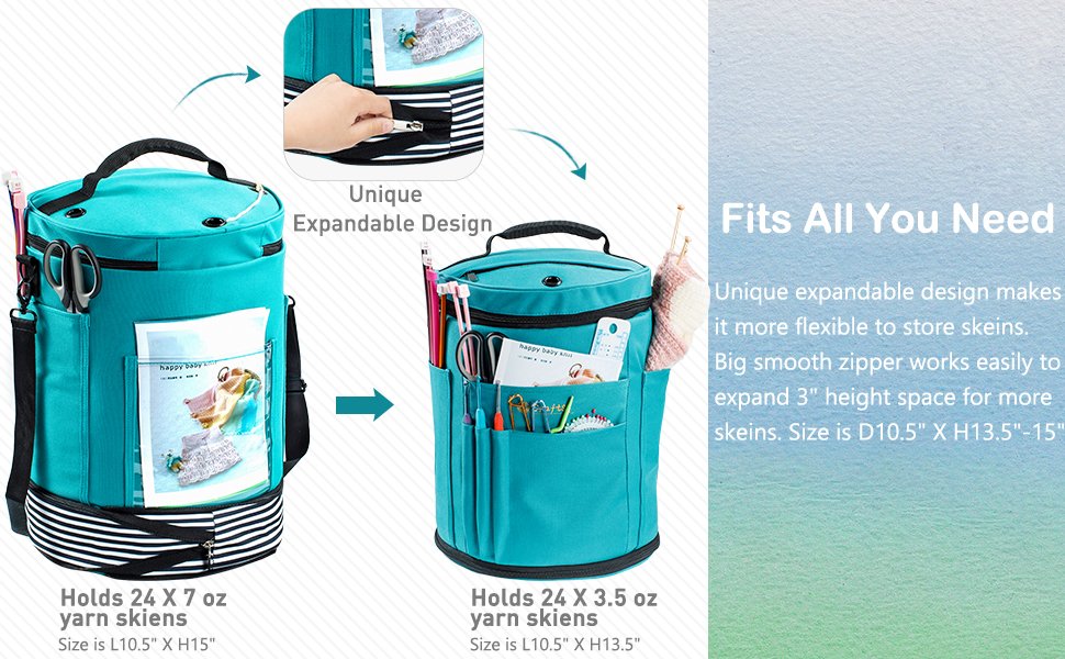 Teal expandable yarn storage tote bag shown in two sizes, with pockets holding knitting needles, scissors, and magazines.
