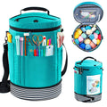 Teal yarn storage organizer tote bag shown from multiple angles, filled with yarn skeins, crochet hooks, knitting needles, and scissors.