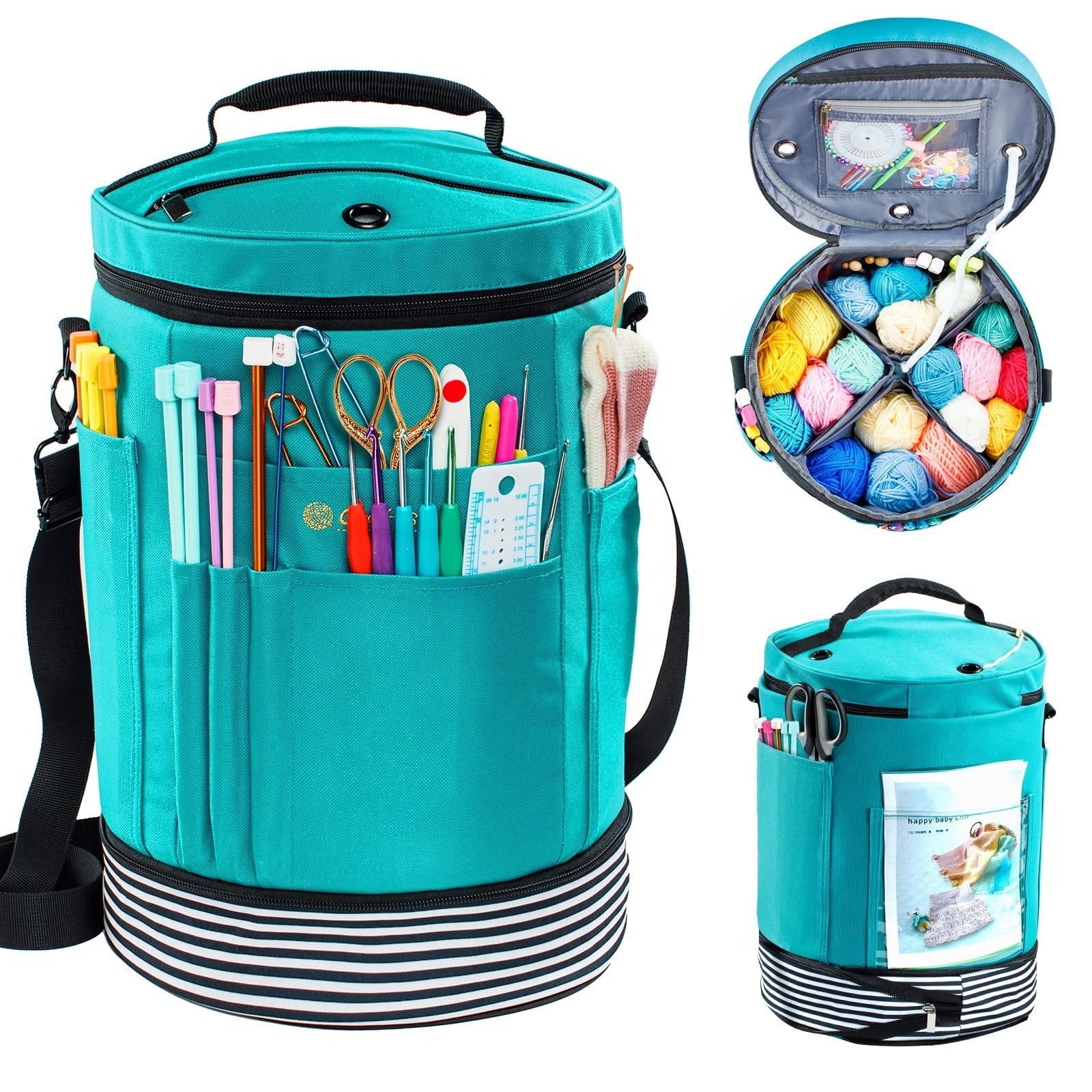 Teal yarn storage organizer tote bag shown from multiple angles, filled with yarn skeins, crochet hooks, knitting needles, and scissors.