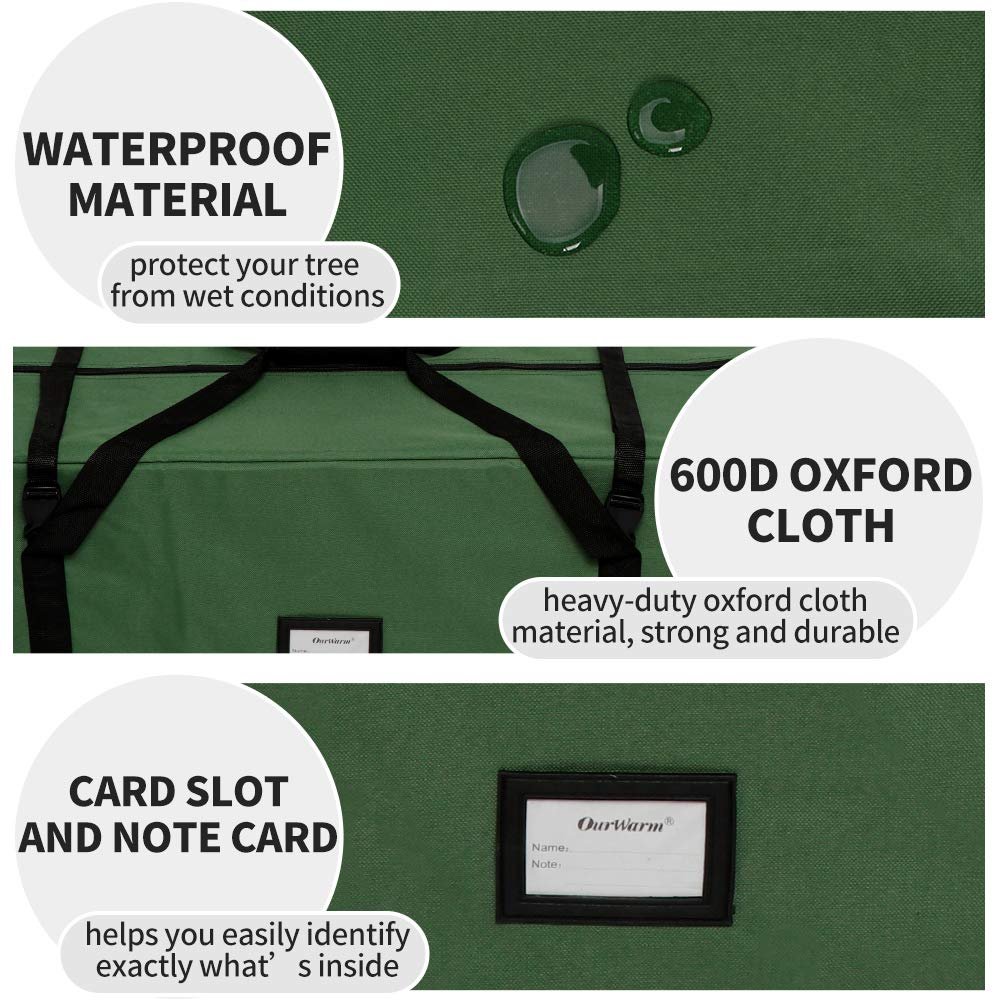 Green Christmas tree storage bag with three sections highlighting features: waterproof material, 600D Oxford cloth, and card slot.