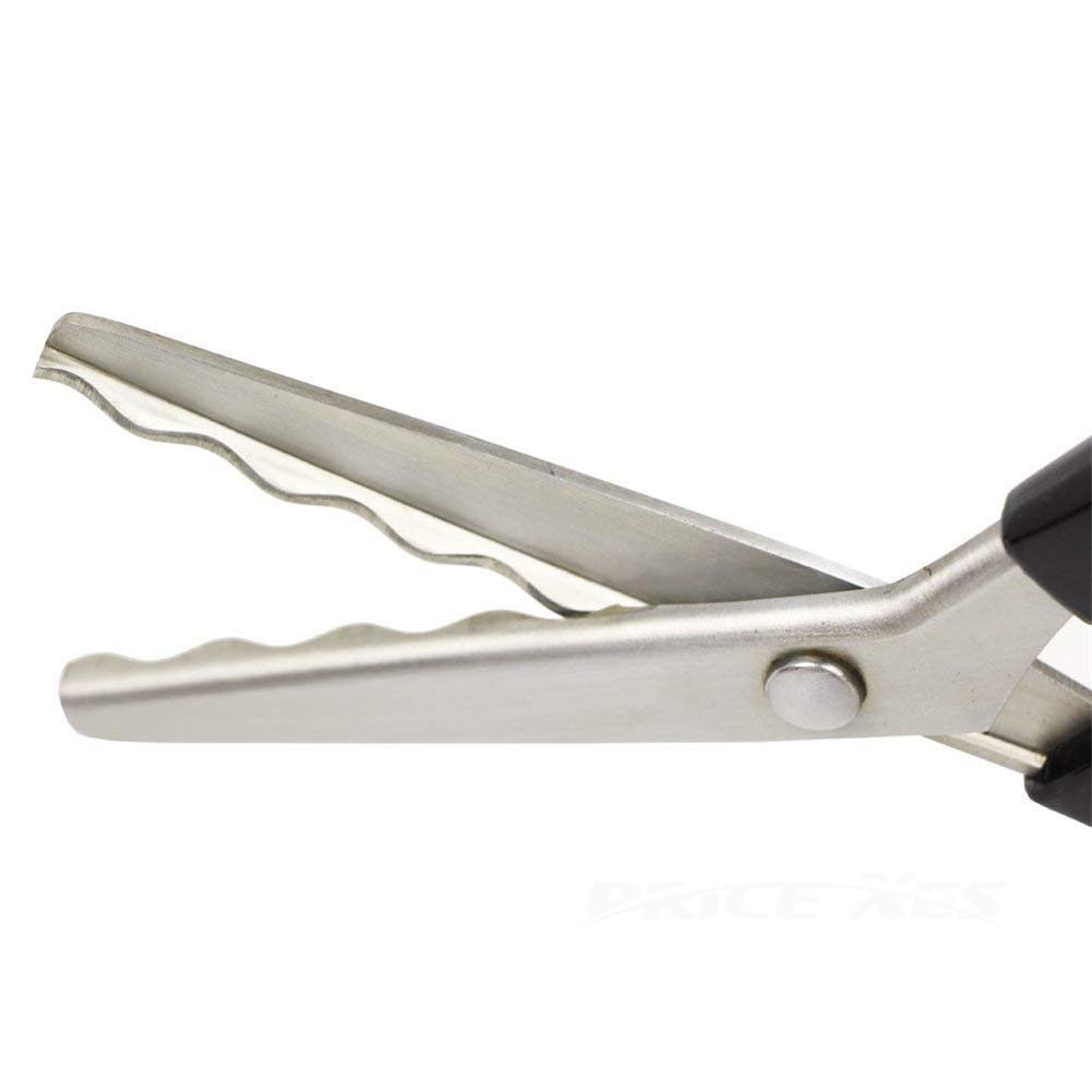 Close-up of stainless steel pinking shears with scalloped blades and black handles on a white background.