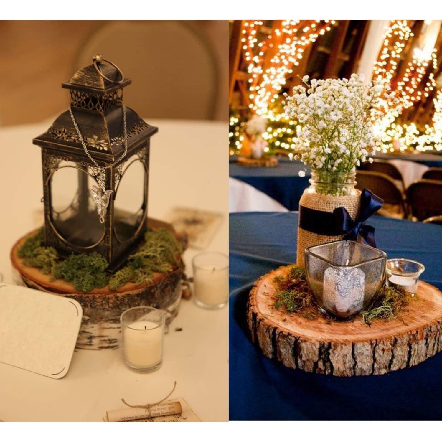 Two wedding table centerpieces featuring decorative moss, lanterns, candles, and floral arrangements on wood slices.