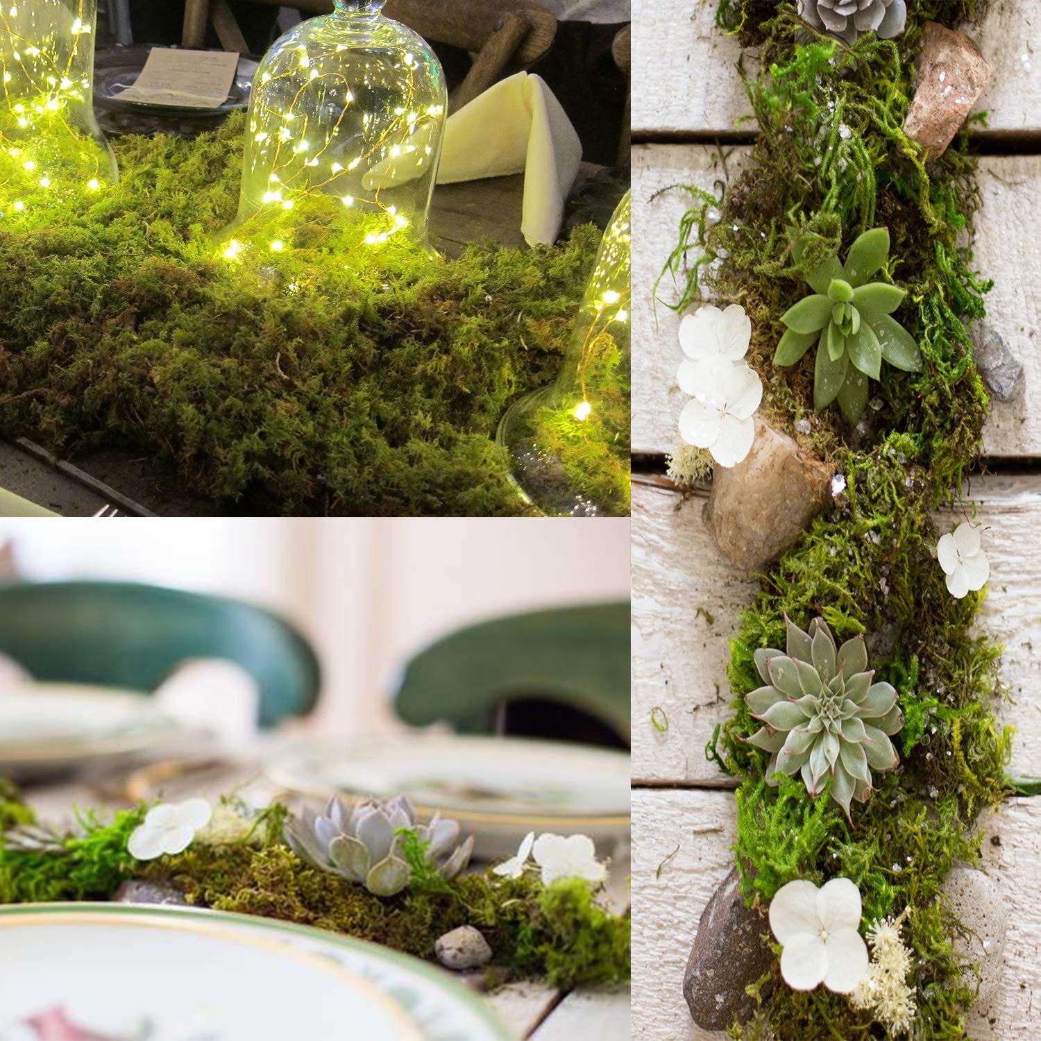 Decorative moss arrangements with fairy lights, succulents, and stones on a table and wooden surface