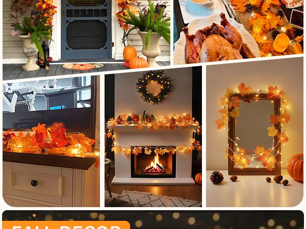 Collage of autumn decor featuring fall leaf garlands with LED lights on a porch, table, and fireplace mantel.