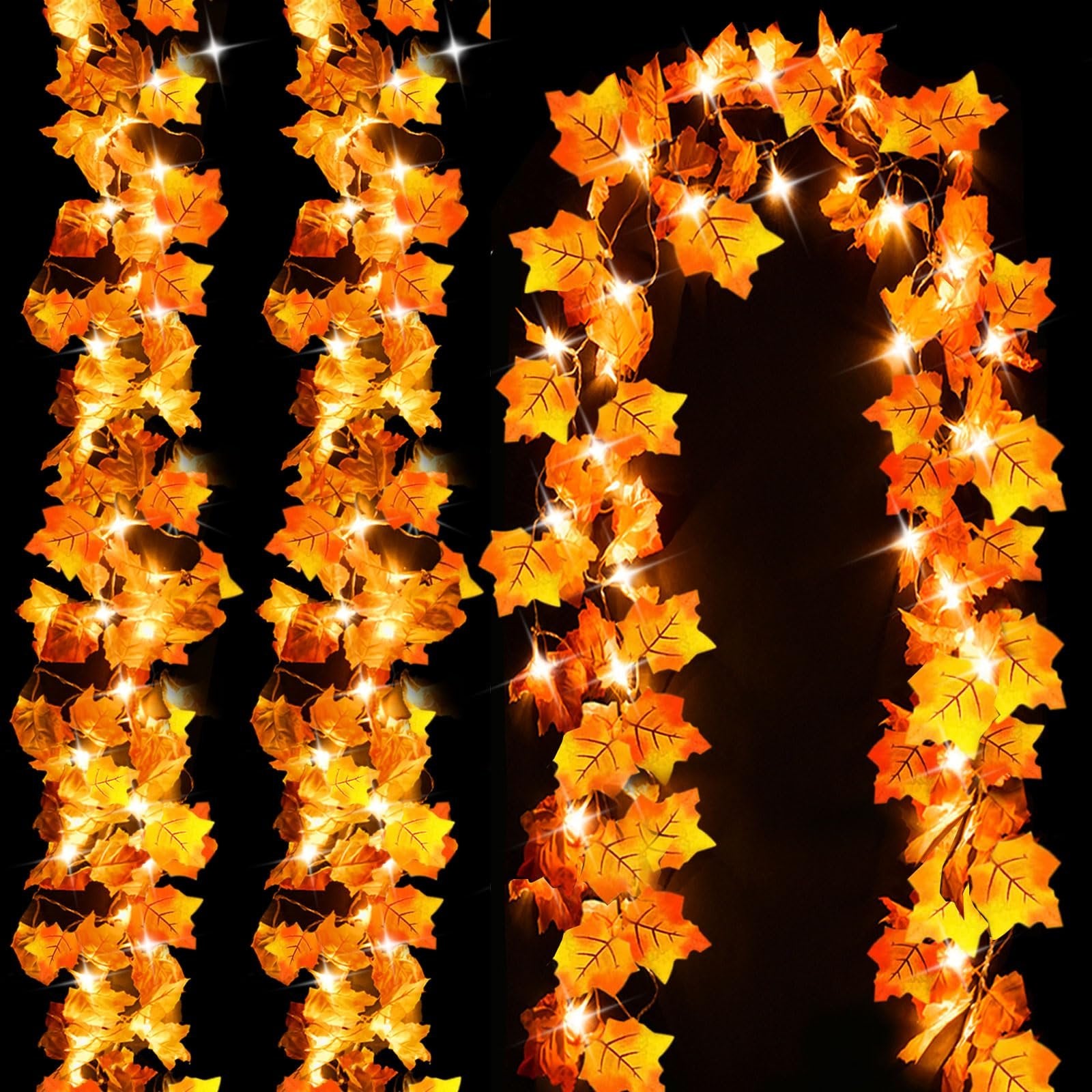 Autumn leaf garland with warm yellow LED string lights, double-layer maple leaf design, shown in a curved arrangement against a black background.