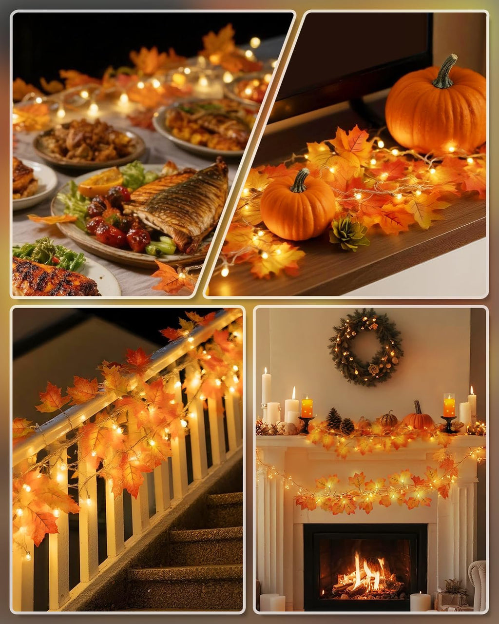 Collage of autumn leaf garlands with warm LED lights decorating a dining table, mantelpiece, and staircase.