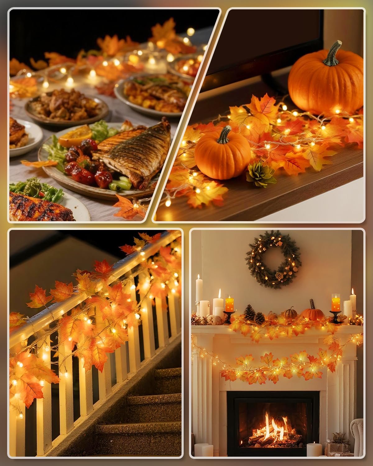 Collage of autumn leaf garlands with warm LED lights decorating a dining table, mantelpiece, and staircase.