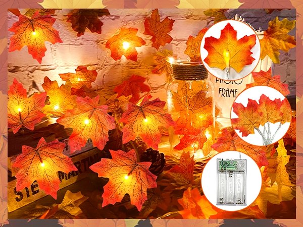 String lights with illuminated artificial maple leaves in autumn colors, with close-up insets showing leaf detail and battery pack.