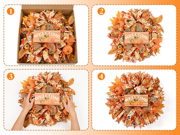 Four images showing steps to unpack and display a fall mesh wreath with pumpkins, leaves, and a welcome sign.