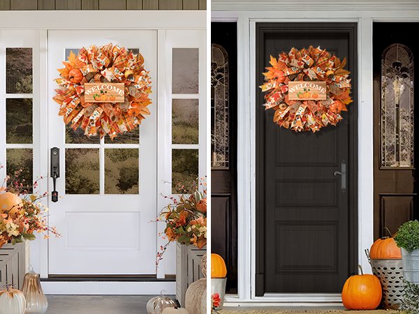 Fall mesh wreath with pumpkins and leaves, featuring a wooden sign that says WELCOME, hanging on a front door.