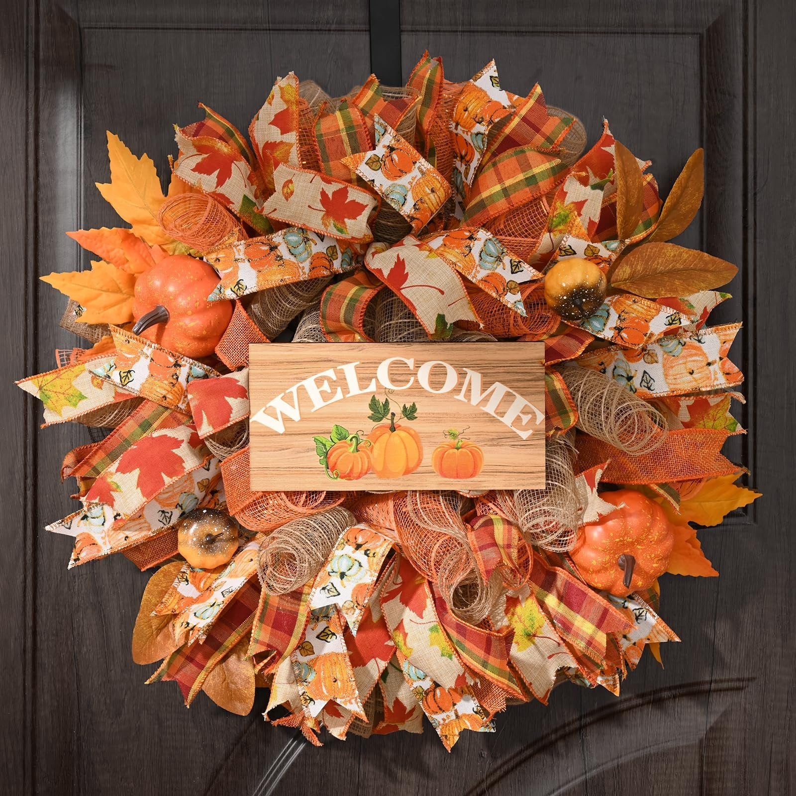 Fall mesh wreath with pumpkins, leaves, and a wooden sign that says WELCOME, hanging on a dark door.