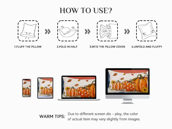 Instructions for using a pillow cover with pumpkins and maple leaves, shown on various devices.