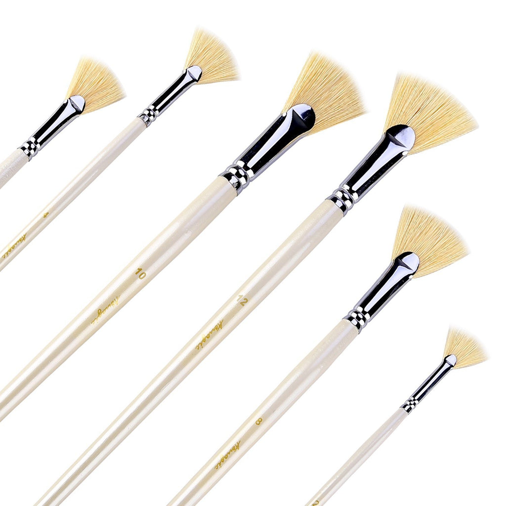 Set of six fan paint brushes with natural bristles and light wood handles, angled view on white background.