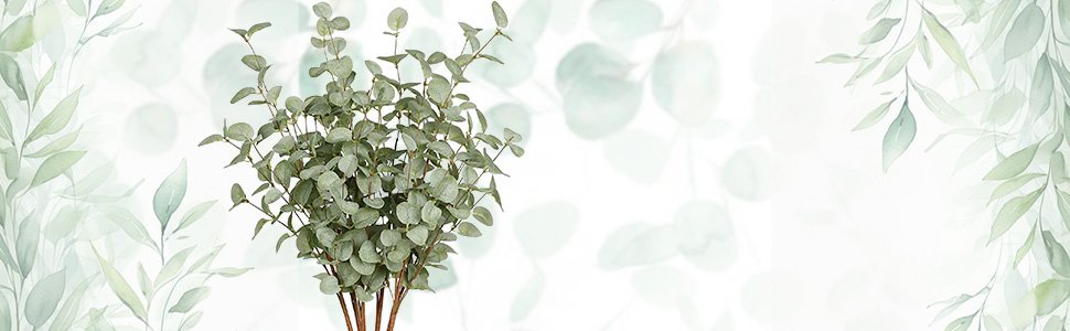 Faux eucalyptus stems with green leaves against a soft, blurred background of leaves and circles.