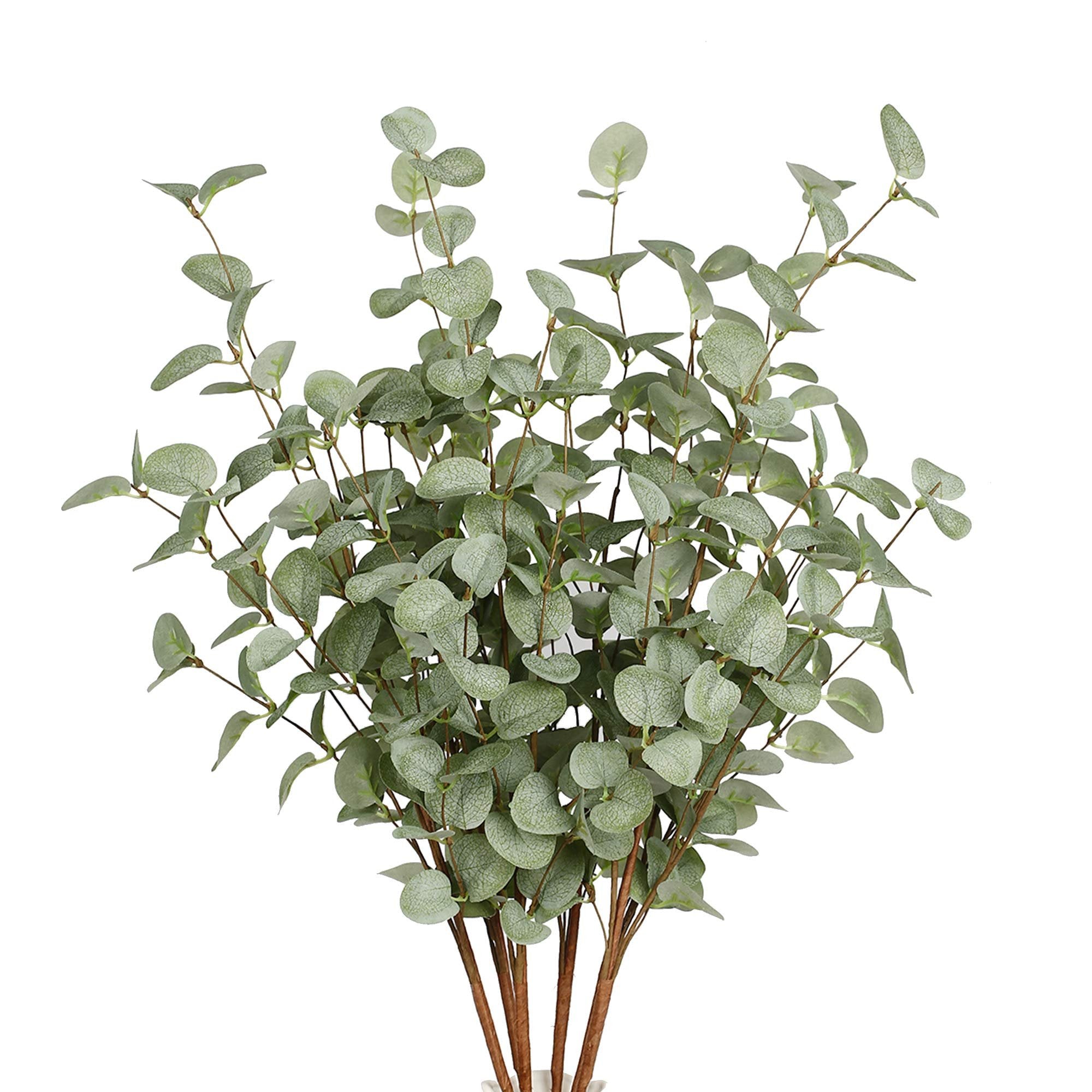 Faux eucalyptus stems with light green leaves and brown stems, presented against a white background.