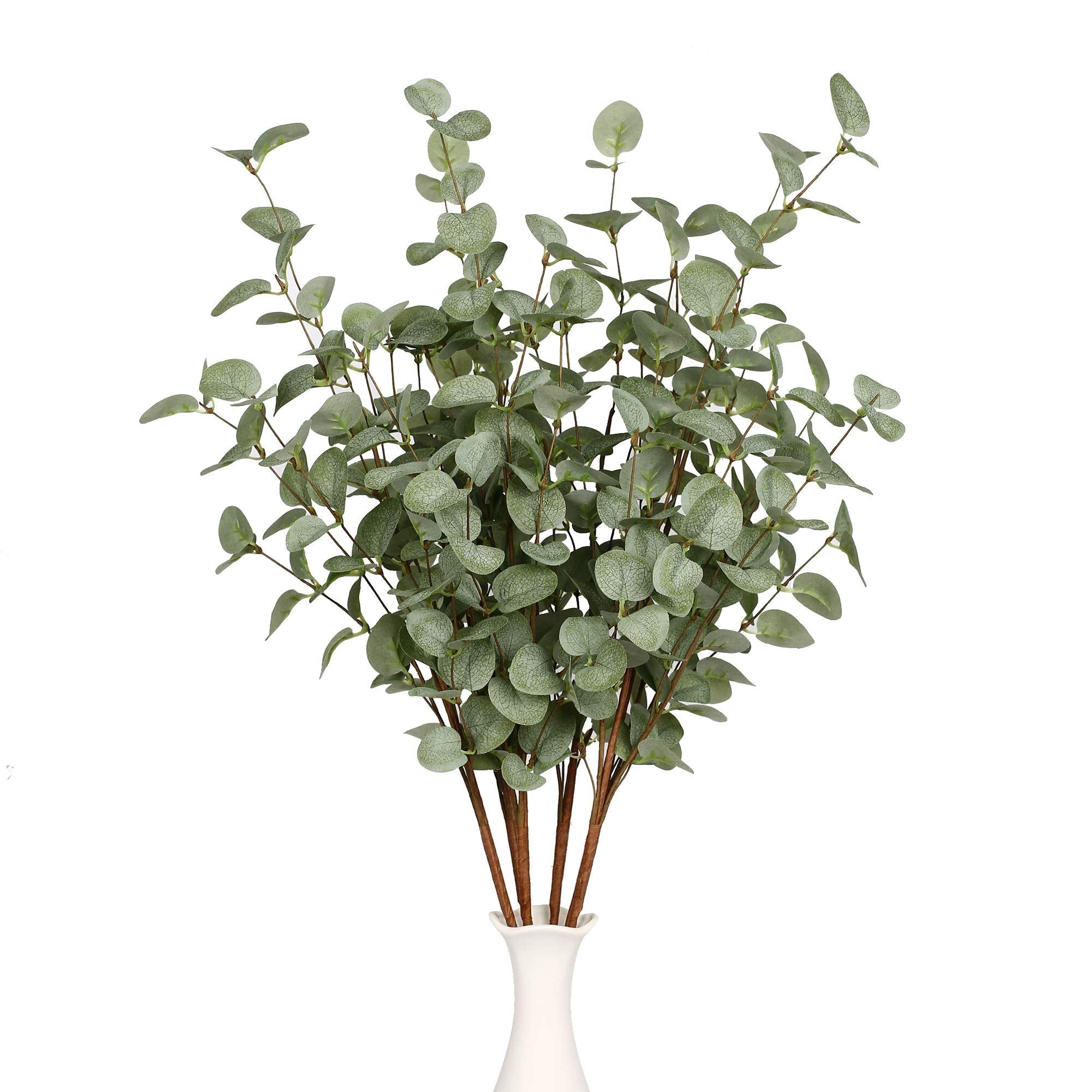 Faux eucalyptus stems in a white vase, front view, against a white background.