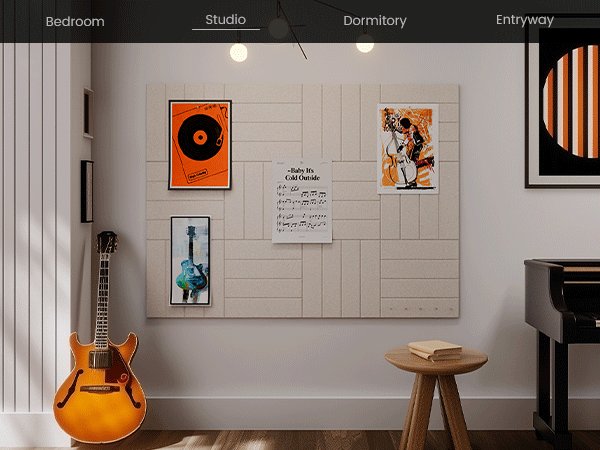 Felt bulletin board tiles arranged on a wall in a studio setting with a guitar and piano.