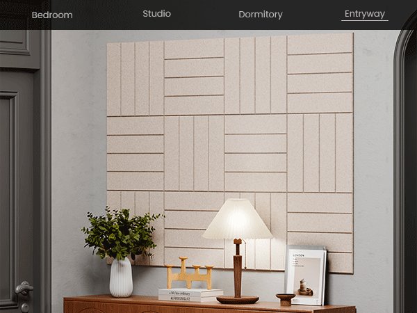 Felt bulletin board tiles arranged in a geometric pattern on a wall, with a lamp and decor on a dresser below.