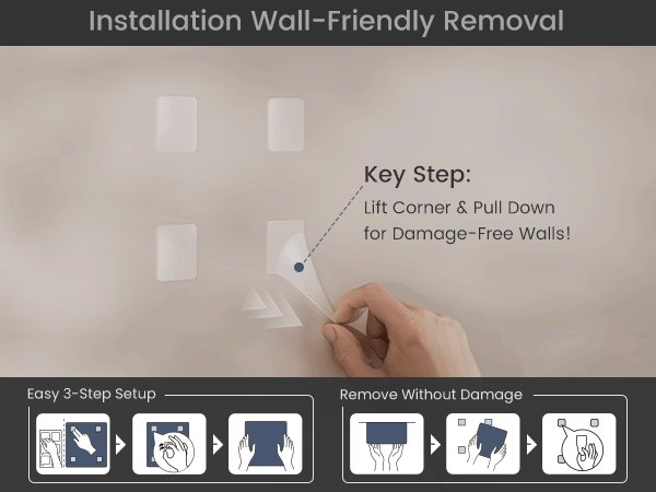 Felt bulletin board tiles installation and removal guide showing adhesive tabs and step-by-step instructions.