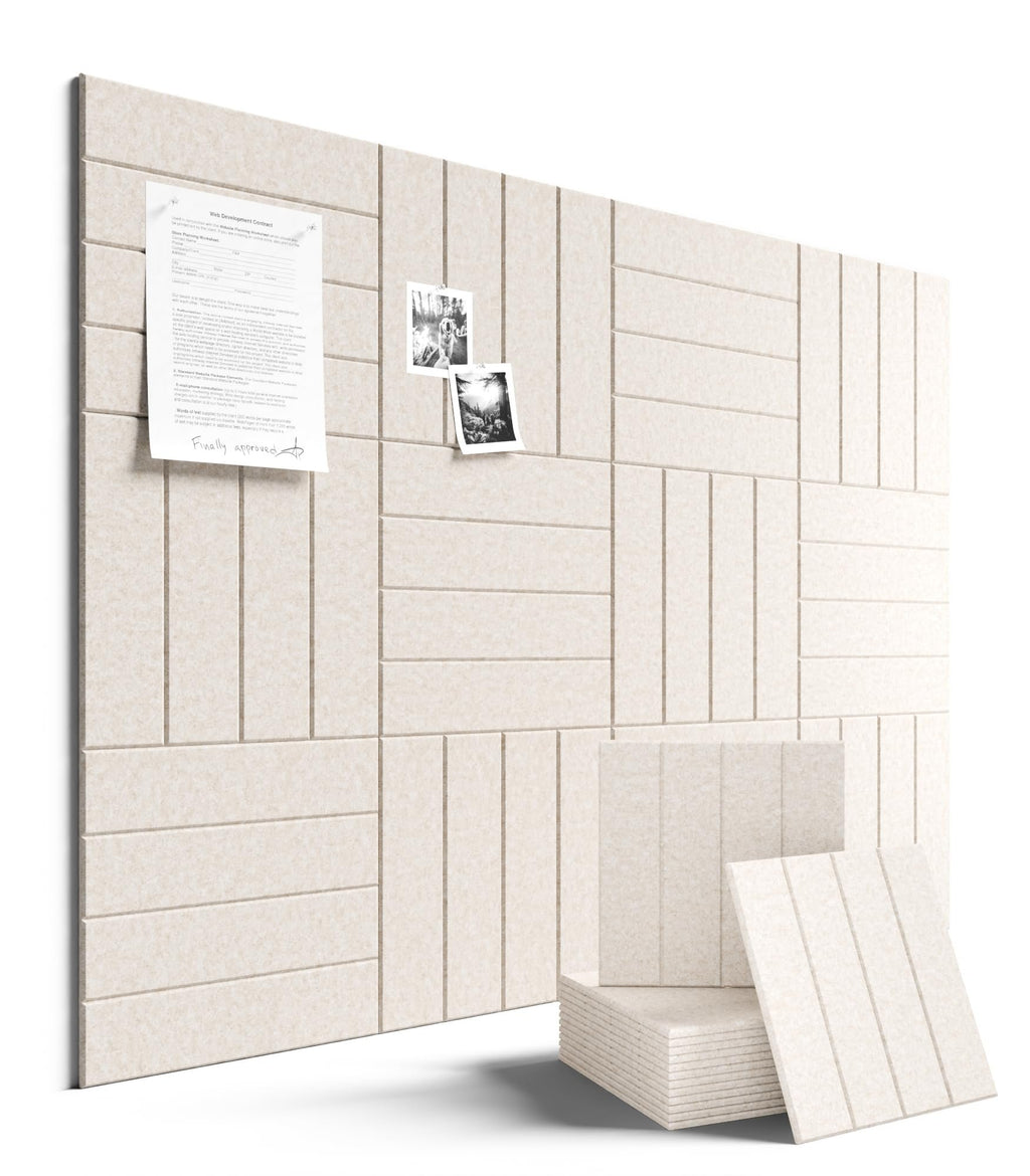 Felt bulletin board tiles in oatmeal color arranged on a wall with a contract and photos pinned to them. Stacked tiles are in the foreground.