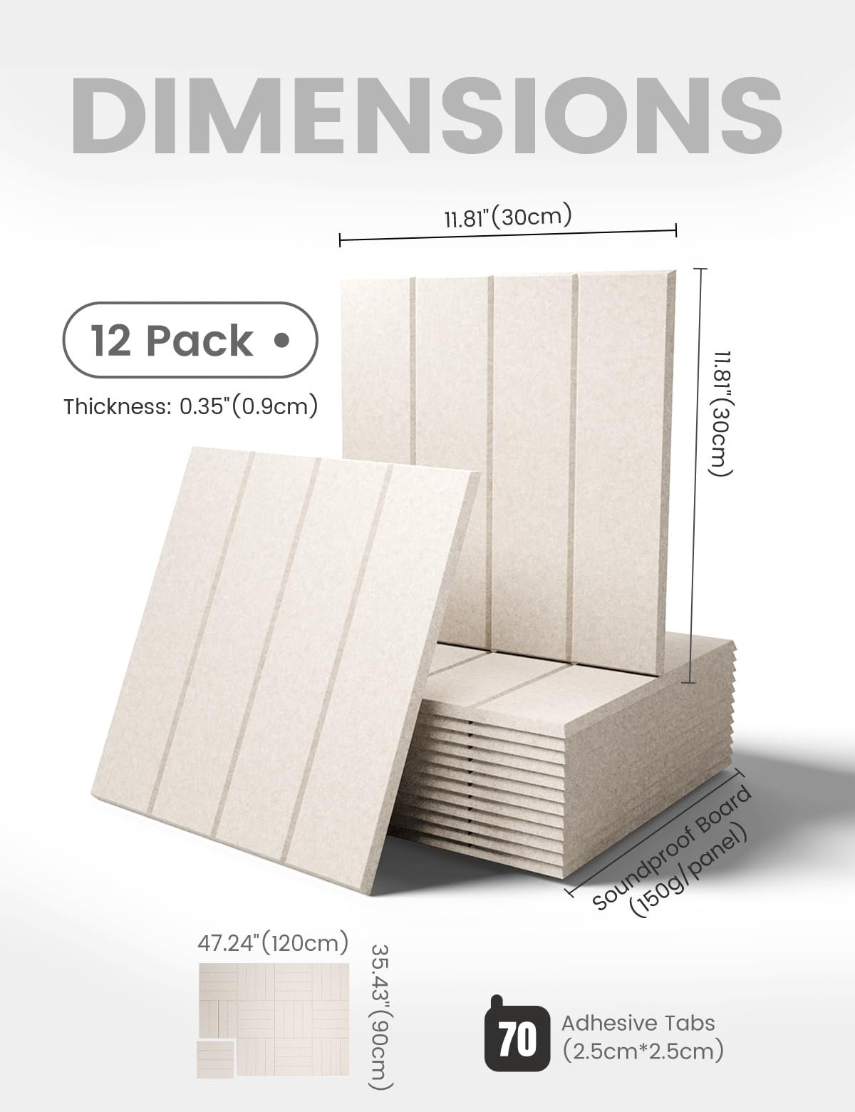 Stack of oatmeal-colored felt bulletin board tiles with dimensions and quantity indicated. Includes adhesive tabs.