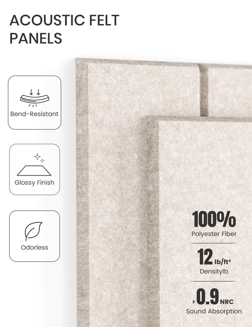 Acoustic felt panels shown from the side, with icons and text detailing features like bend-resistance, glossy finish, odorless, 100% polyester fiber, density, and sound absorption.