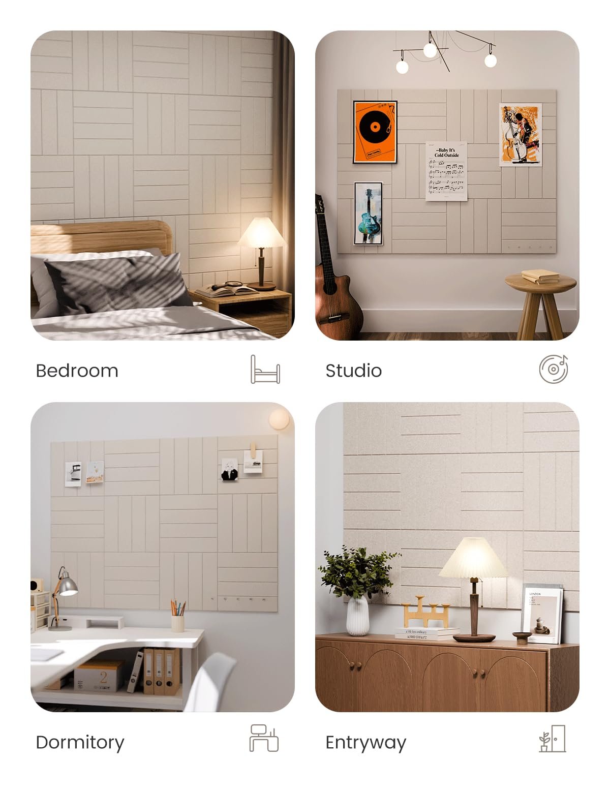 Four lifestyle images showing felt bulletin board tiles in a bedroom, studio, dormitory, and entryway setting.