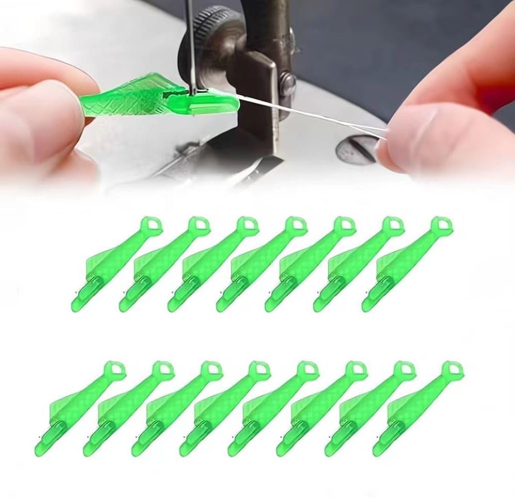 Hands using a green fish mouth sewing needle threader tool with a sewing machine and thread. Below are rows of green threader tools.
