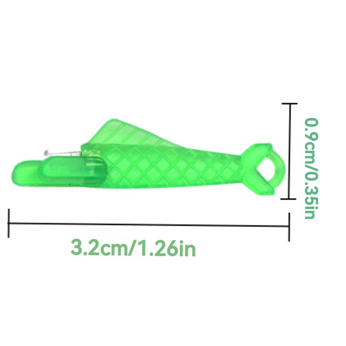 Green fish-shaped sewing needle threader tool showing dimensions 3.2cm/1.26in length and 0.9cm/0.35in width