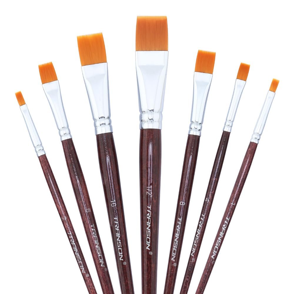 Set of seven flat paint brushes with synthetic nylon bristles and short birch wood handles, arranged in a fan shape.