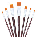 Set of seven flat paint brushes with synthetic nylon bristles and short birch wood handles, arranged in a fan shape.