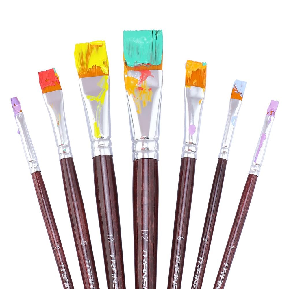 Set of seven flat paint brushes with colorful paint on bristles, on a white background.